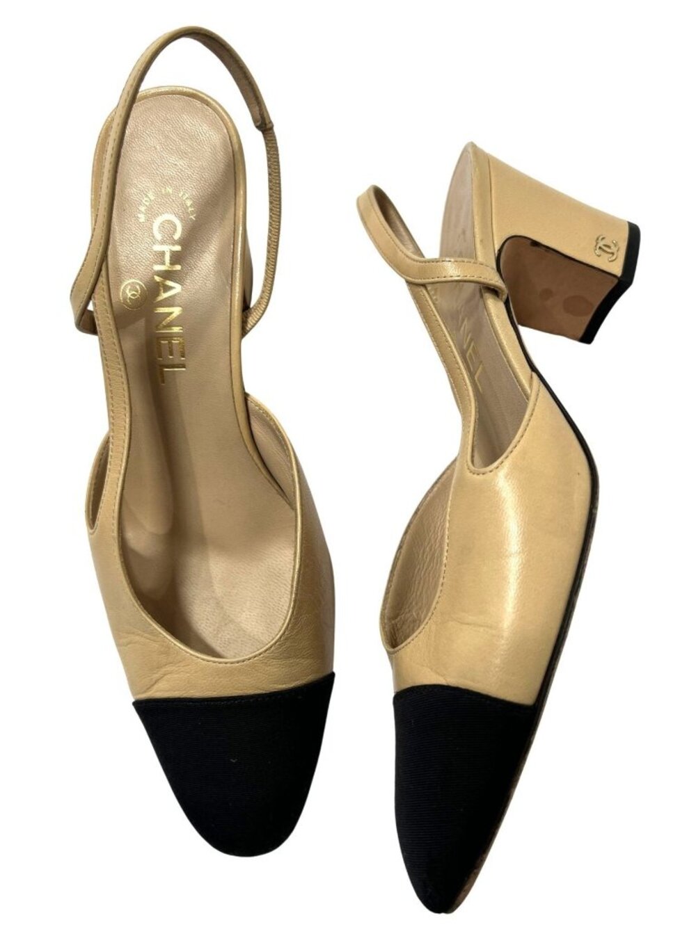 Chanel Slingbacks in Goatskin & Grosgrain Beige Black